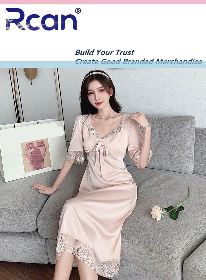 Rcan Fashion French Retro Princess Style Pajamas with Chest Pad V Neck Short Sleeve Dress Soft Satin Sleepwear Nightdress Loungewear Skirt Plus Size for Women - Image 1