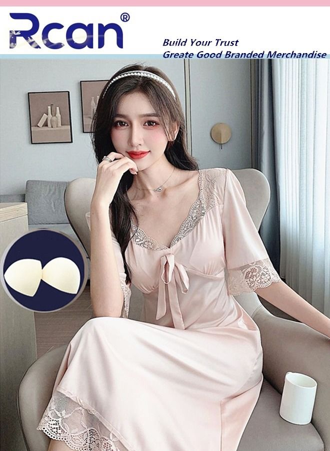 Rcan Fashion French Retro Princess Style Pajamas with Chest Pad V Neck Short Sleeve Dress Soft Satin Sleepwear Nightdress Loungewear Skirt Plus Size for Women - Image 3