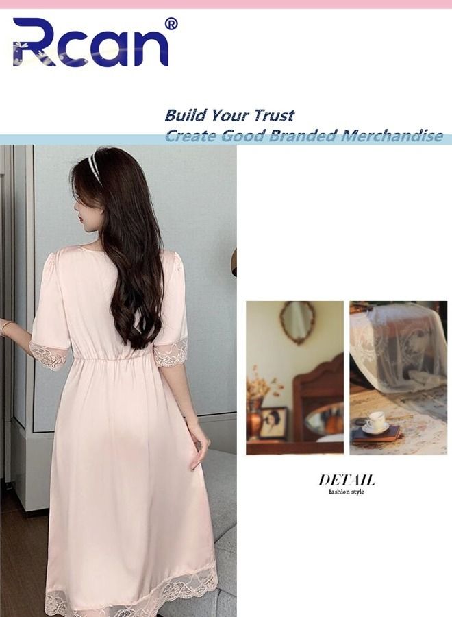 Rcan Fashion French Retro Princess Style Pajamas with Chest Pad V Neck Short Sleeve Dress Soft Satin Sleepwear Nightdress Loungewear Skirt Plus Size for Women - Image 2