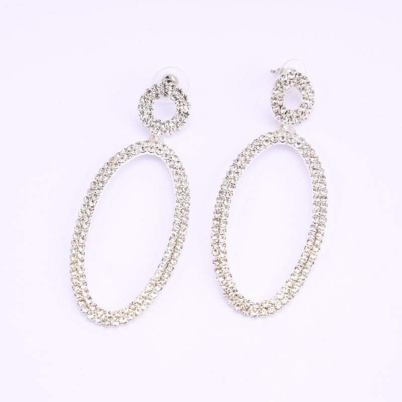 BaubleStar Rhinestone Oval Drop Earrings Statement Geometric Long Ellipse Dangle with Round Circle Studs for Women Wedding Bridal Jewelry Silver - Image 3