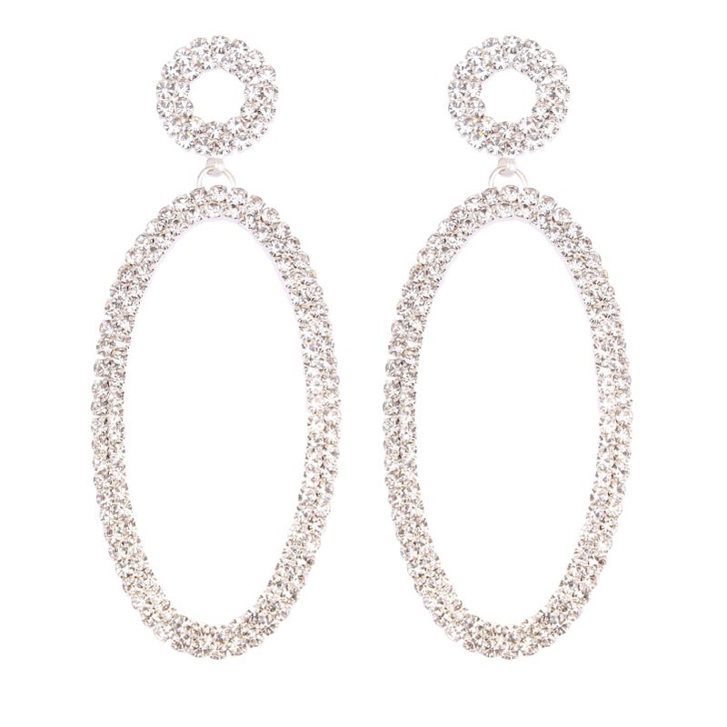 BaubleStar Rhinestone Oval Drop Earrings Statement Geometric Long Ellipse Dangle with Round Circle Studs for Women Wedding Bridal Jewelry Silver - Image 1