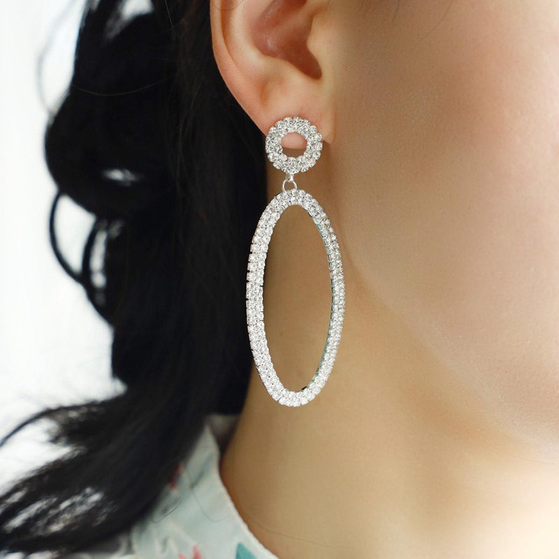 BaubleStar Rhinestone Oval Drop Earrings Statement Geometric Long Ellipse Dangle with Round Circle Studs for Women Wedding Bridal Jewelry Silver - Image 2