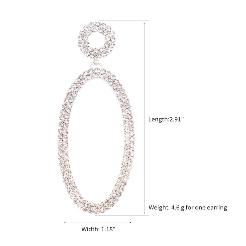 BaubleStar Rhinestone Oval Drop Earrings Statement Geometric Long Ellipse Dangle with Round Circle Studs for Women Wedding Bridal Jewelry Silver - Image 5