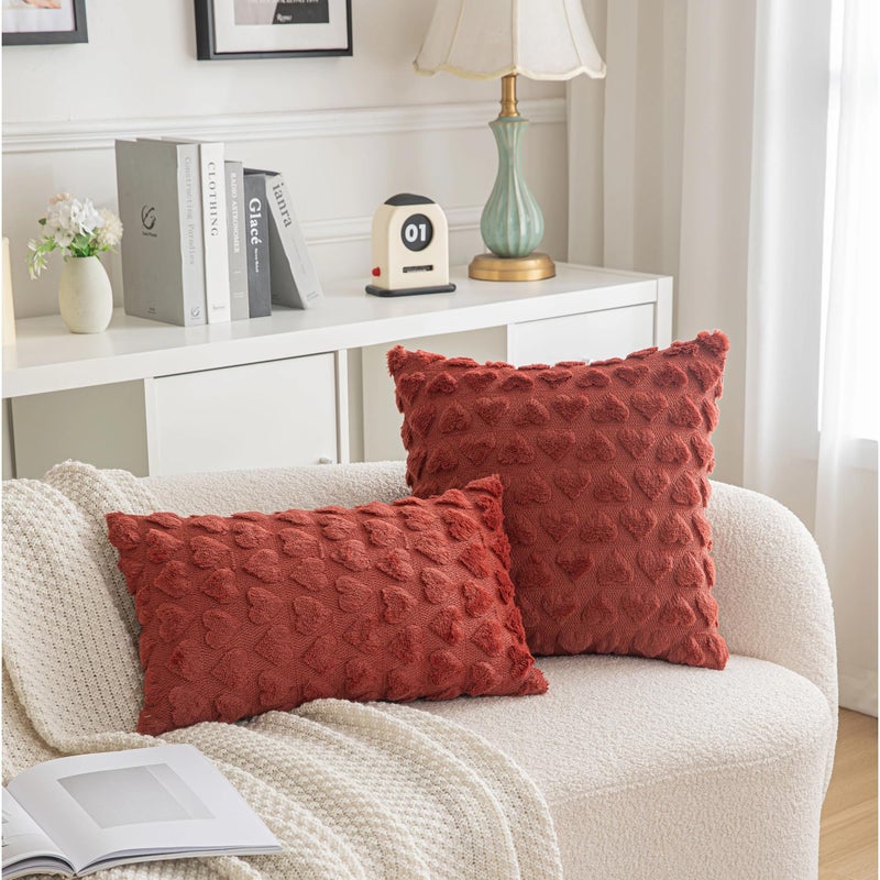 AQOTHES Set of 2 Heart Love Cute Wine Red Decorative Valentines Throw Pillow Covers 12x20, Soft Plush Faux Fur Pillow Covers for Couch Sofa Home Valentines Day Decoration - Image 2