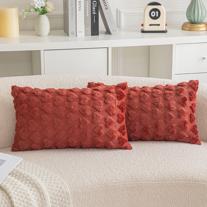 AQOTHES Set of 2 Heart Love Cute Wine Red Decorative Valentines Throw Pillow Covers 12x20, Soft Plush Faux Fur Pillow Covers for Couch Sofa Home Valentines Day Decoration - Image 1