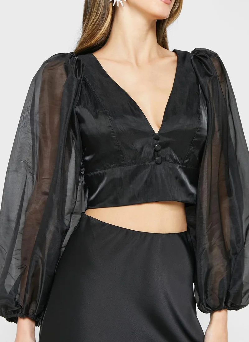 Bardot Mesh Sleeve Crop Top