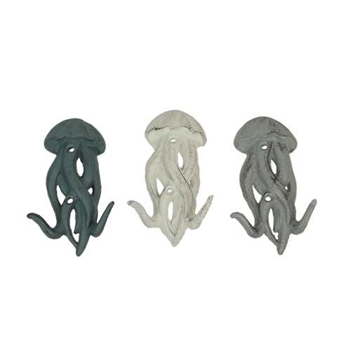 Zeckos Set of 3 Cast Iron Jellyfish Wall Hooks 5 Inches High Easy to Hang Blue Gray White Coastal Decor Perfection for Beach Towels Keys or Coats - Image 3