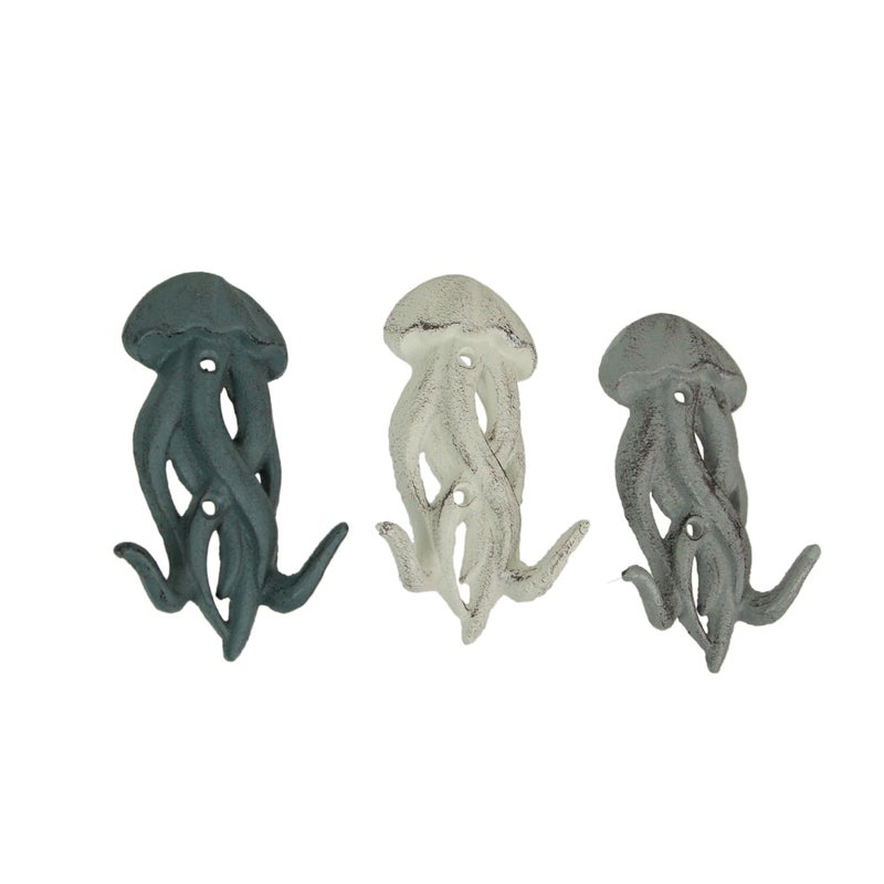 Zeckos Set of 3 Cast Iron Jellyfish Wall Hooks 5 Inches High Easy to Hang Blue Gray White Coastal Decor Perfection for Beach Towels Keys or Coats - Image 2
