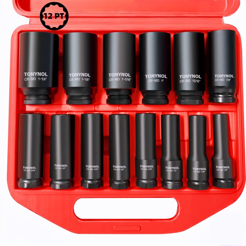 TONYNOL 12 Inch Deep Drive Impact Socket Set12PointSAE38 to 11414 PcsCrMo SteelWith a Storage Case - Image 2