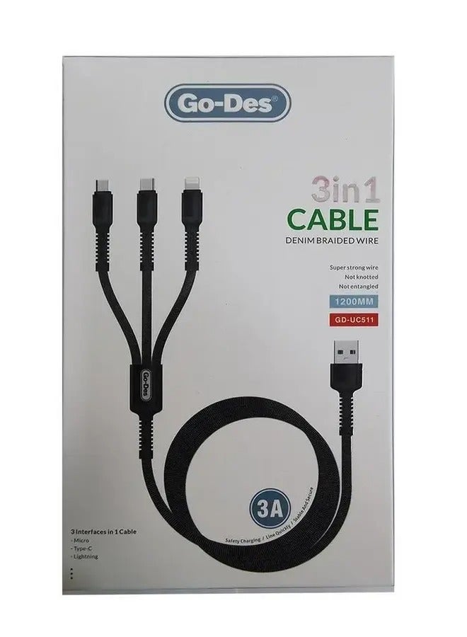 UC511 3-in-1 Fast Charging Data Cable – Type-C, Micro-USB, and Lightning Connectors  - Image 3