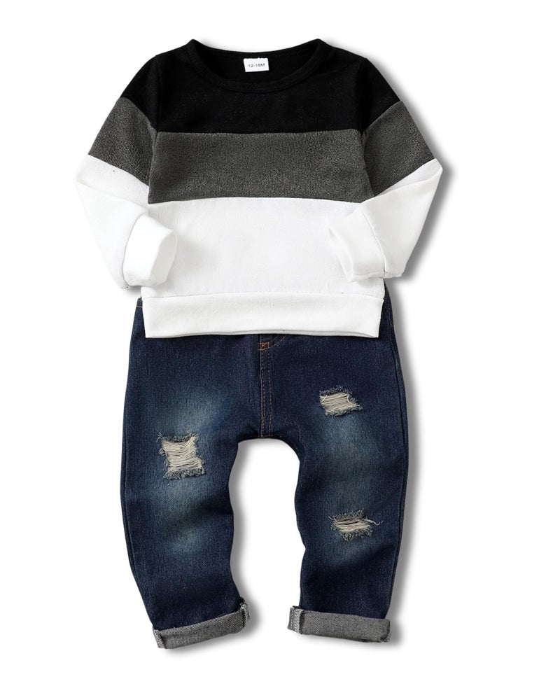 SODLON Toddler Boy Clothes 2T-3T Long Sleeve Color Block Sweatshirt & Ripped Denim Pants Winter Fall Casual Outfits - Image 1