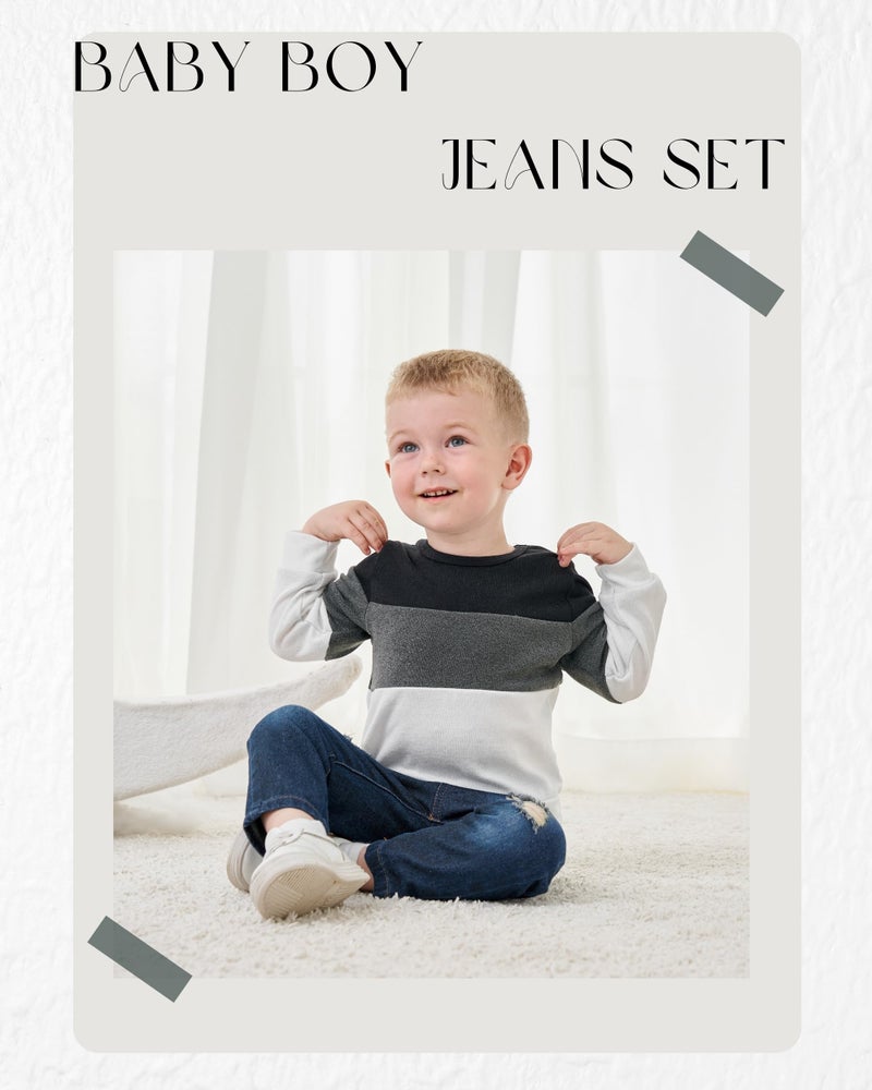 SODLON Toddler Boy Clothes 2T-3T Long Sleeve Color Block Sweatshirt & Ripped Denim Pants Winter Fall Casual Outfits - Image 4