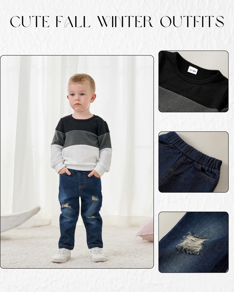 SODLON Toddler Boy Clothes 2T-3T Long Sleeve Color Block Sweatshirt & Ripped Denim Pants Winter Fall Casual Outfits - Image 2