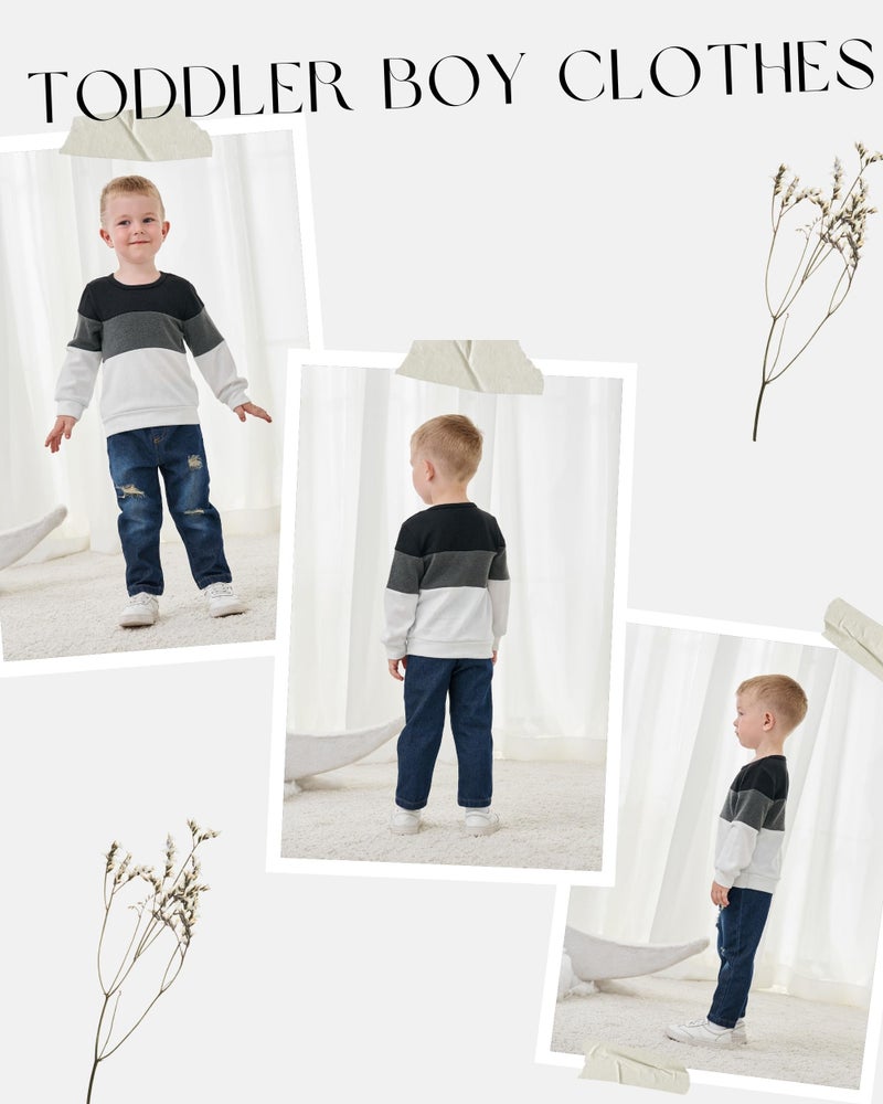 SODLON Toddler Boy Clothes 2T-3T Long Sleeve Color Block Sweatshirt & Ripped Denim Pants Winter Fall Casual Outfits - Image 3