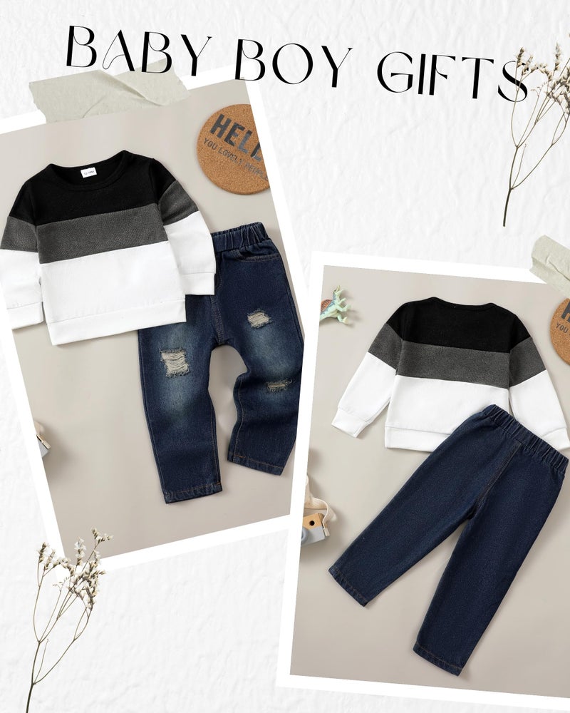 SODLON Toddler Boy Clothes 2T-3T Long Sleeve Color Block Sweatshirt & Ripped Denim Pants Winter Fall Casual Outfits - Image 5