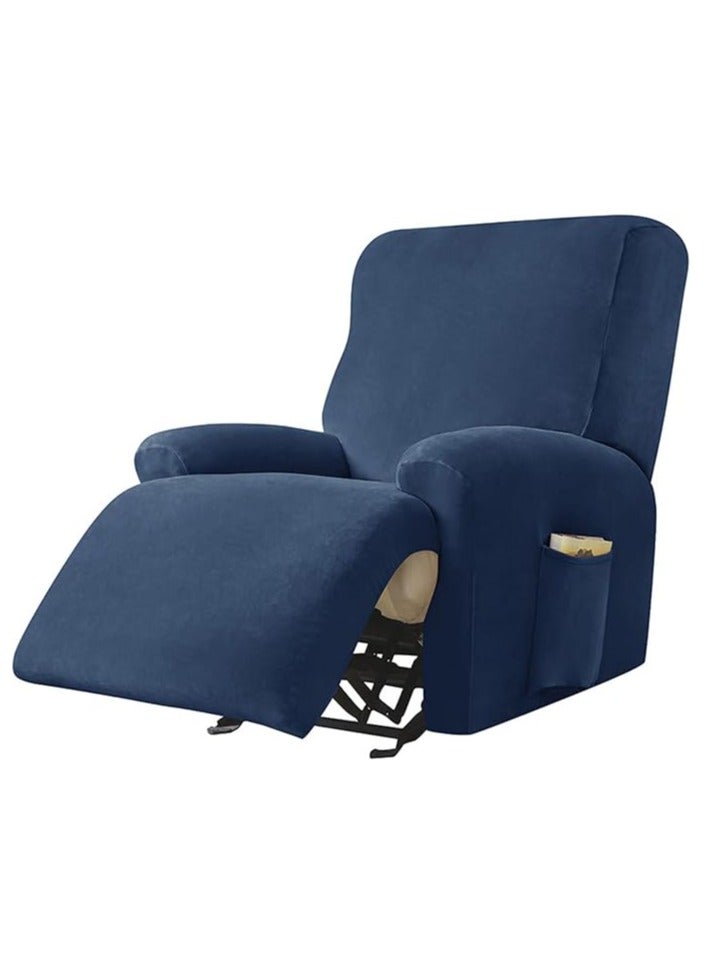 general Chaise longue cover with pockets, solid velvet, 4-piece set, polyester spandex furniture cover, anti-slip armchair and sofa cover for living room (navy blue) - Image 1