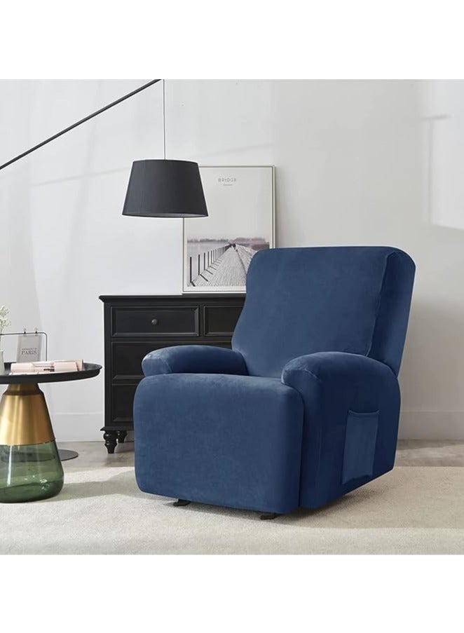 general Chaise longue cover with pockets, solid velvet, 4-piece set, polyester spandex furniture cover, anti-slip armchair and sofa cover for living room (navy blue) - Image 2