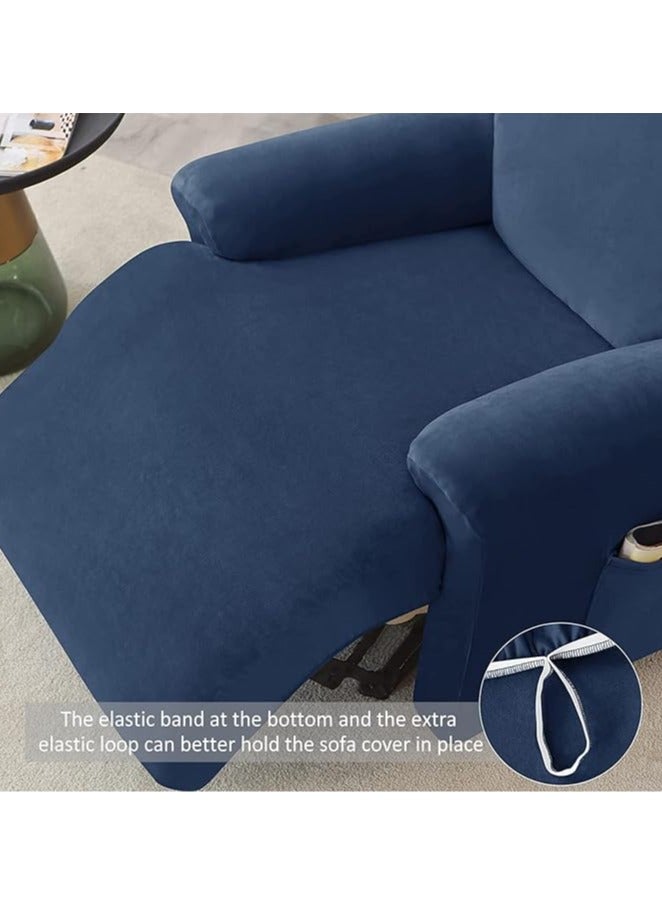 general Chaise longue cover with pockets, solid velvet, 4-piece set, polyester spandex furniture cover, anti-slip armchair and sofa cover for living room (navy blue) - Image 4
