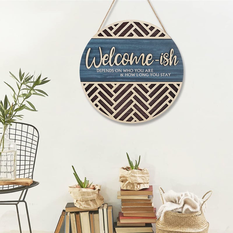 IARTTOP 3D Welcome Hanging Sign Plaque for Front Door Wall Decor, Funny Welcome-ish Wooden Hanger (12''x 12''), Rustic Minimalist Outdoor Wood Wall Art for Farmhouse Porch or Entryway Home Decor - Image 5
