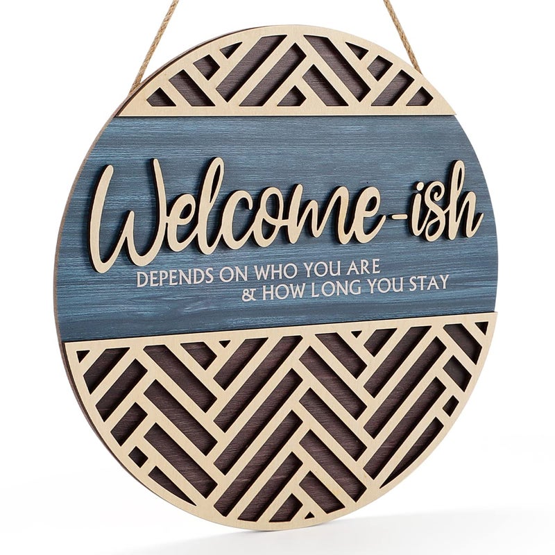 IARTTOP 3D Welcome Hanging Sign Plaque for Front Door Wall Decor, Funny Welcome-ish Wooden Hanger (12''x 12''), Rustic Minimalist Outdoor Wood Wall Art for Farmhouse Porch or Entryway Home Decor - Image 1