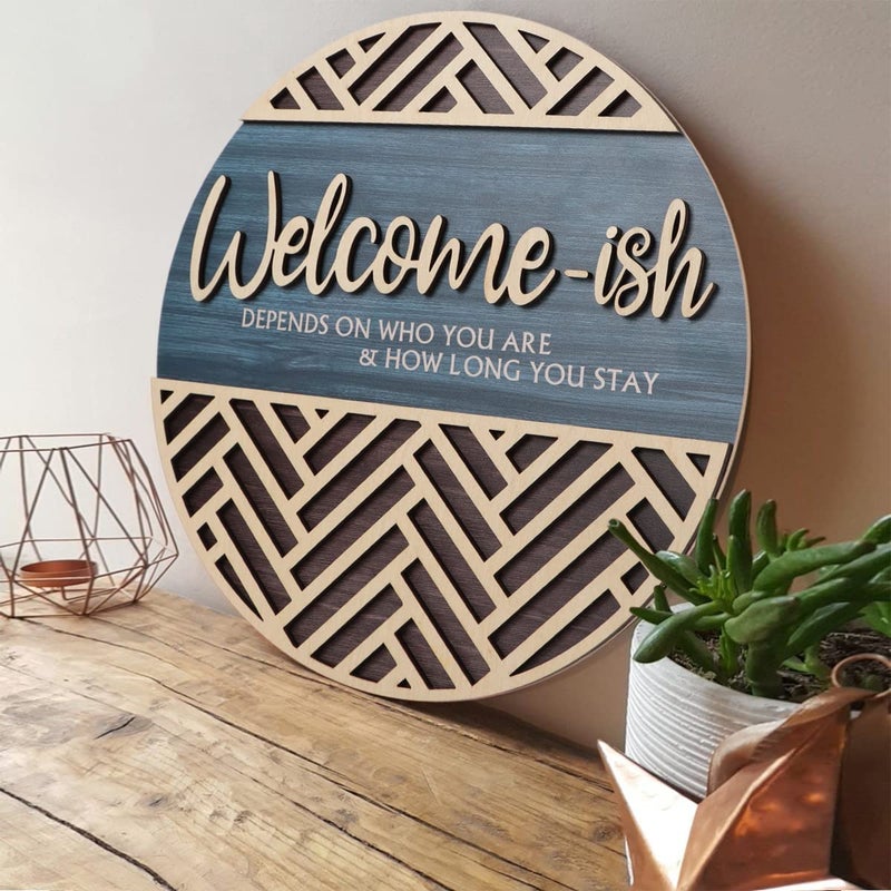 IARTTOP 3D Welcome Hanging Sign Plaque for Front Door Wall Decor, Funny Welcome-ish Wooden Hanger (12''x 12''), Rustic Minimalist Outdoor Wood Wall Art for Farmhouse Porch or Entryway Home Decor - Image 4
