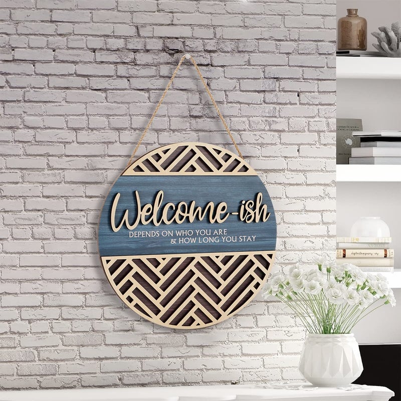 IARTTOP 3D Welcome Hanging Sign Plaque for Front Door Wall Decor, Funny Welcome-ish Wooden Hanger (12''x 12''), Rustic Minimalist Outdoor Wood Wall Art for Farmhouse Porch or Entryway Home Decor - Image 3