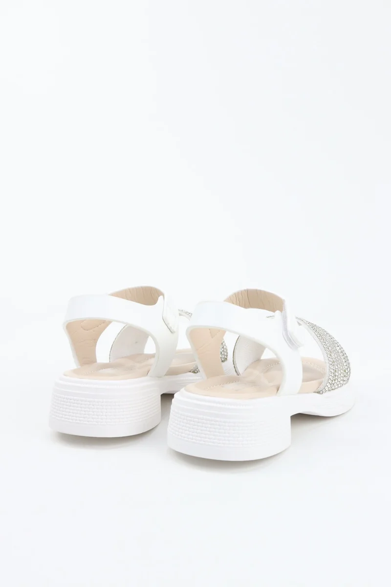 Viny WHITE VINY Girls Rhinestone Block Heel Sandals – Elegant Dress Sandals for Girls, Low Heel Party & Wedding Sandals, Comfortable Occasion Footwear (Black, Pink, White, Beige) for Women | Best Price UAE
