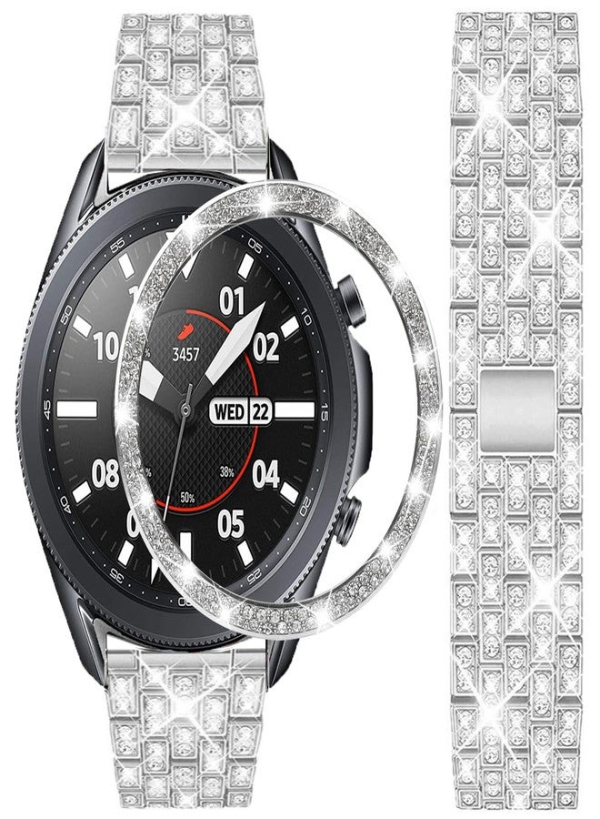 DEALELE Bands Compatible with Samsung Galaxy Watch 3 (45mm), 22mm Full Rhinestone Diamond Stainless Metal Strap with Bezel Ring Cover Replacement for Women Men (Silver) - Image 1