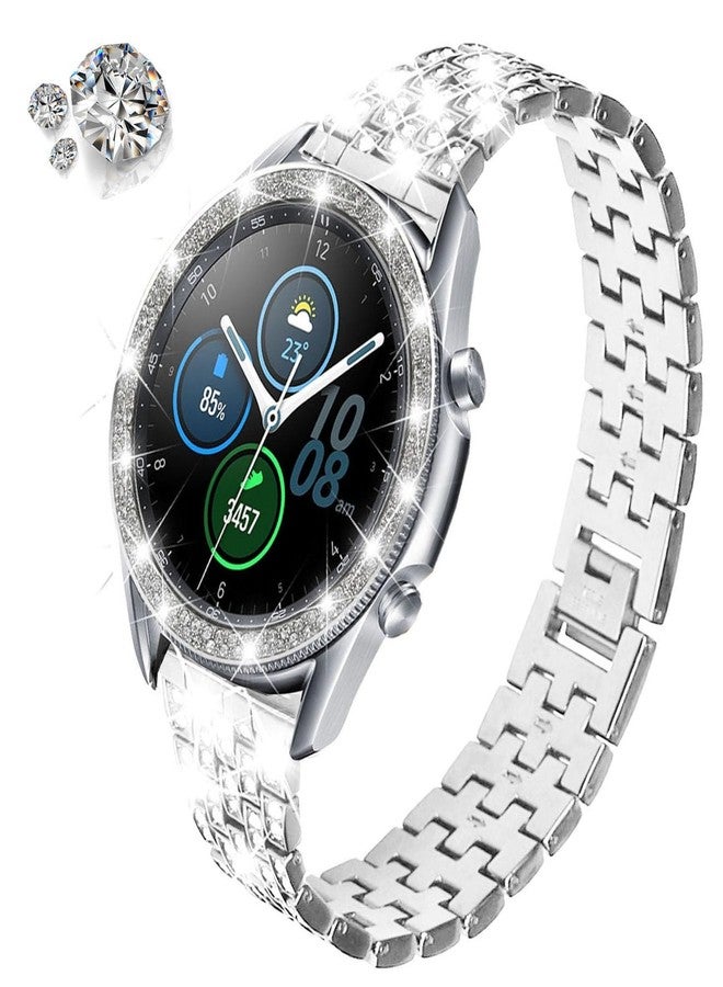 DEALELE Bands Compatible with Samsung Galaxy Watch 3 (45mm), 22mm Full Rhinestone Diamond Stainless Metal Strap with Bezel Ring Cover Replacement for Women Men (Silver) - Image 2