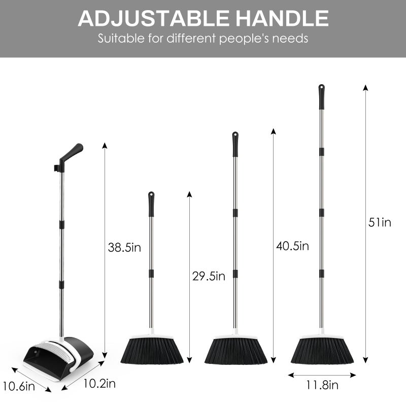 EZKEY Broom and Dustpan Set for Home, 51-in Long Adjustable Handle Angle Broom and Dustpan Combo Set with Dust Pan Teeth to Clean Hair for Home Kitchen Office Lobby Floor Garden (Black&White) - Image 2