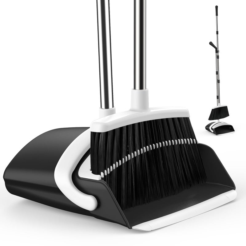 EZKEY Broom and Dustpan Set for Home, 51-in Long Adjustable Handle Angle Broom and Dustpan Combo Set with Dust Pan Teeth to Clean Hair for Home Kitchen Office Lobby Floor Garden (Black&White) - Image 1