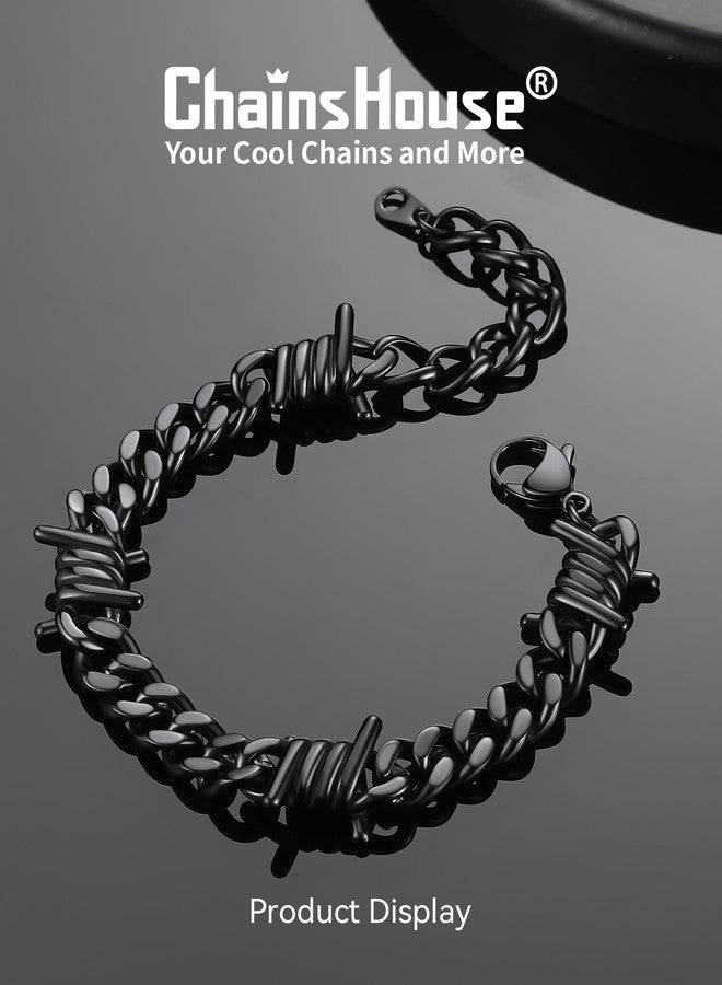 ChainsHouse Barbed Wire Bracelet, Cuban Link Chain Bracelet for Men, Stainless Steel Gothic Punk Thorns Hand Chain, Hip Hop Jewelry, 7mm/9 mm Width, 7"-8.3" Length, Send Gift Box, 7 inch, Metal, no - Image 4