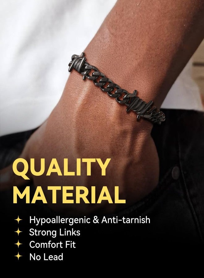 ChainsHouse Barbed Wire Bracelet, Cuban Link Chain Bracelet for Men, Stainless Steel Gothic Punk Thorns Hand Chain, Hip Hop Jewelry, 7mm/9 mm Width, 7"-8.3" Length, Send Gift Box, 7 inch, Metal, no - Image 2