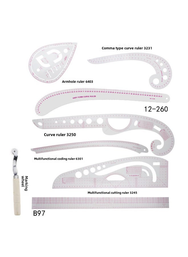 ثام مسطرة الملابس، مسطرة القص، مسطرة كم القفص، مسطرة المنحنيات، مسطرة قوس الأزرار، مجموعة مساطر - Image 1