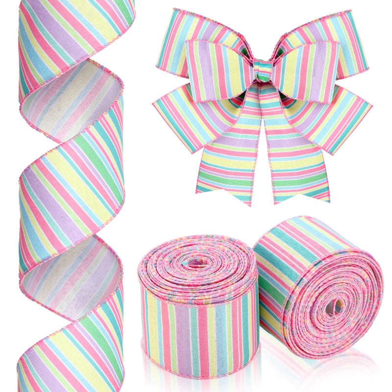 Cindeer Cindeer 2 Rolls 20 Yards Easter Pastel Spring Wired Edge Ribbon Horizontal Stripe Canvas Pink Decorative Colorful Ribbon for Christmas Party Wrapping Craft2 Inch 