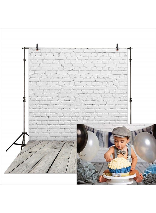 Allenjoy Fabric 5x7FT White Brick Wall with Wooden Floor Photography Backdrops Photo Background for Newborn Baby Photoshoot Photographer Props - Image 1