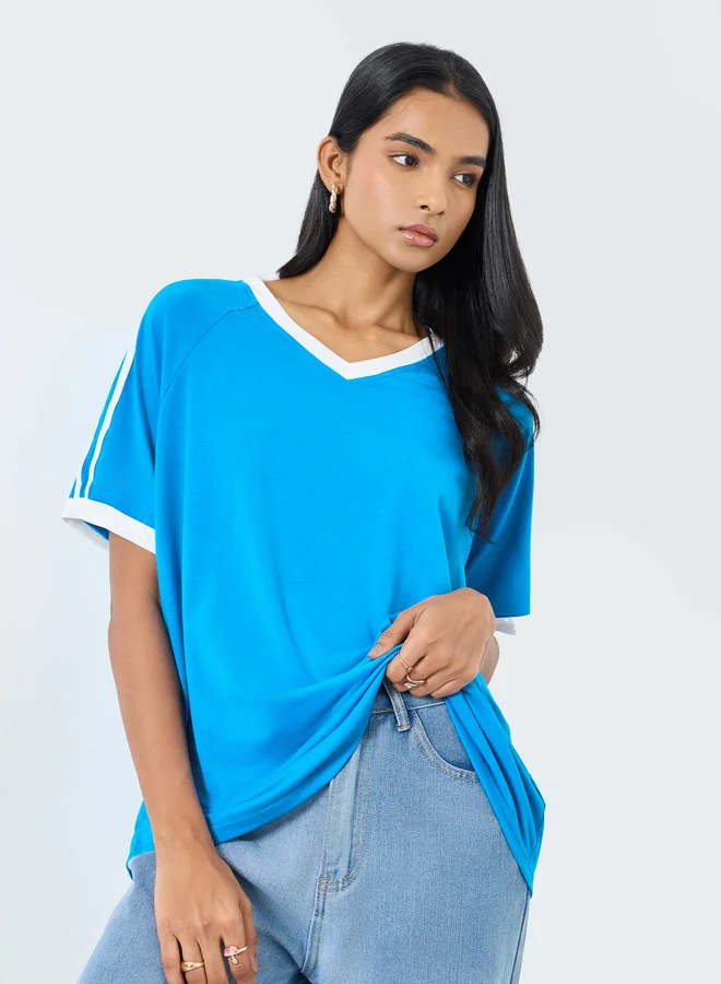 Take Two Take Two Blue Oversized V Neck T-Shirt