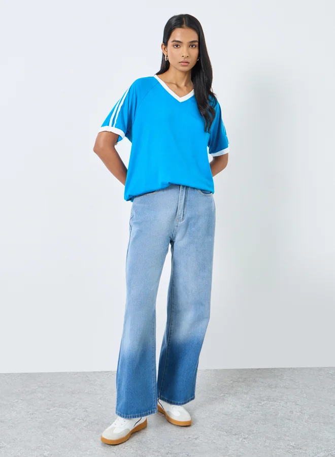 Take Two Take Two Blue Oversized V Neck T-Shirt
