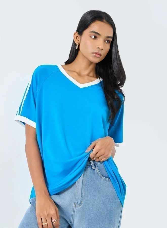 Take Two Blue Oversized V Neck T-Shirt