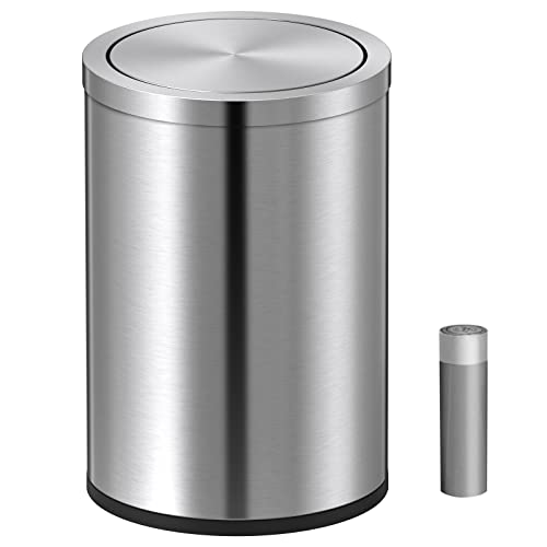 Mbillion Small Trash Can with Swing Lid 2.4 Gallons/9 Liter, Mini Trash Can with lid, Stainless Steel Cylindrical Garbage Can for Home and Office, for Ground and Desktop(Brushed Silver) - Image 1