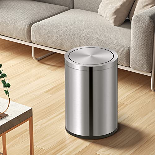 Mbillion Small Trash Can with Swing Lid 2.4 Gallons/9 Liter, Mini Trash Can with lid, Stainless Steel Cylindrical Garbage Can for Home and Office, for Ground and Desktop(Brushed Silver) - Image 2
