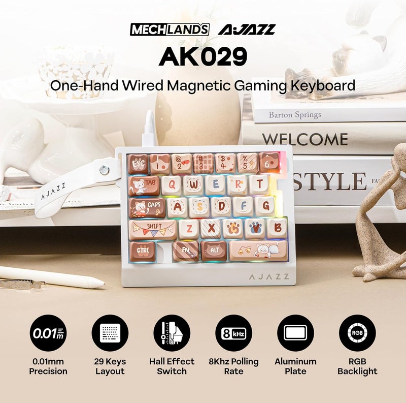 ميكلاندز لوحة مفاتيح ألعاب بيد واحدة من ميكلاندز AJAZZ AK029، معدل استقصاء 8 كيلو هرتز، 29 مفتاحًا سلكيًا سريعًا، SOCD و DKS، مفتاح مغناطيسي، تشغيل قابل للتعديل، إضاءة خلفية RGB، لوحة ألومنيوم (أبيض بني) - Image 2