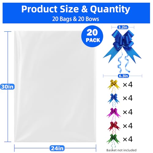 Homrelaxy 20 Pcs 24 x 30 Inches Cellophane Bags for Gift Baskets with 20 Colorful Pull Bows, Plastic Clear Basket Bags, Cellophane Wrap for Gift Baskets for Birthday, Wedding, Thanksgiving - Image 2