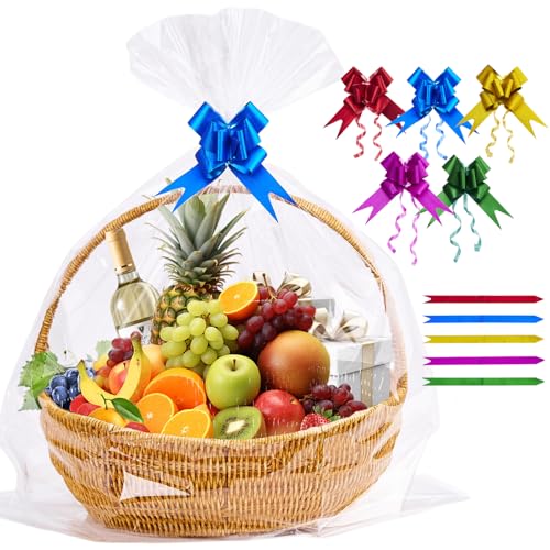 Homrelaxy 20 Pcs 24 x 30 Inches Cellophane Bags for Gift Baskets with 20 Colorful Pull Bows, Plastic Clear Basket Bags, Cellophane Wrap for Gift Baskets for Birthday, Wedding, Thanksgiving - Image 1