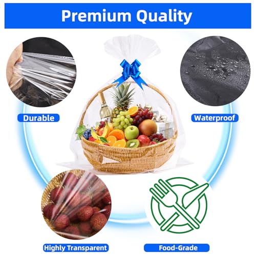 Homrelaxy 20 Pcs 24 x 30 Inches Cellophane Bags for Gift Baskets with 20 Colorful Pull Bows, Plastic Clear Basket Bags, Cellophane Wrap for Gift Baskets for Birthday, Wedding, Thanksgiving - Image 5
