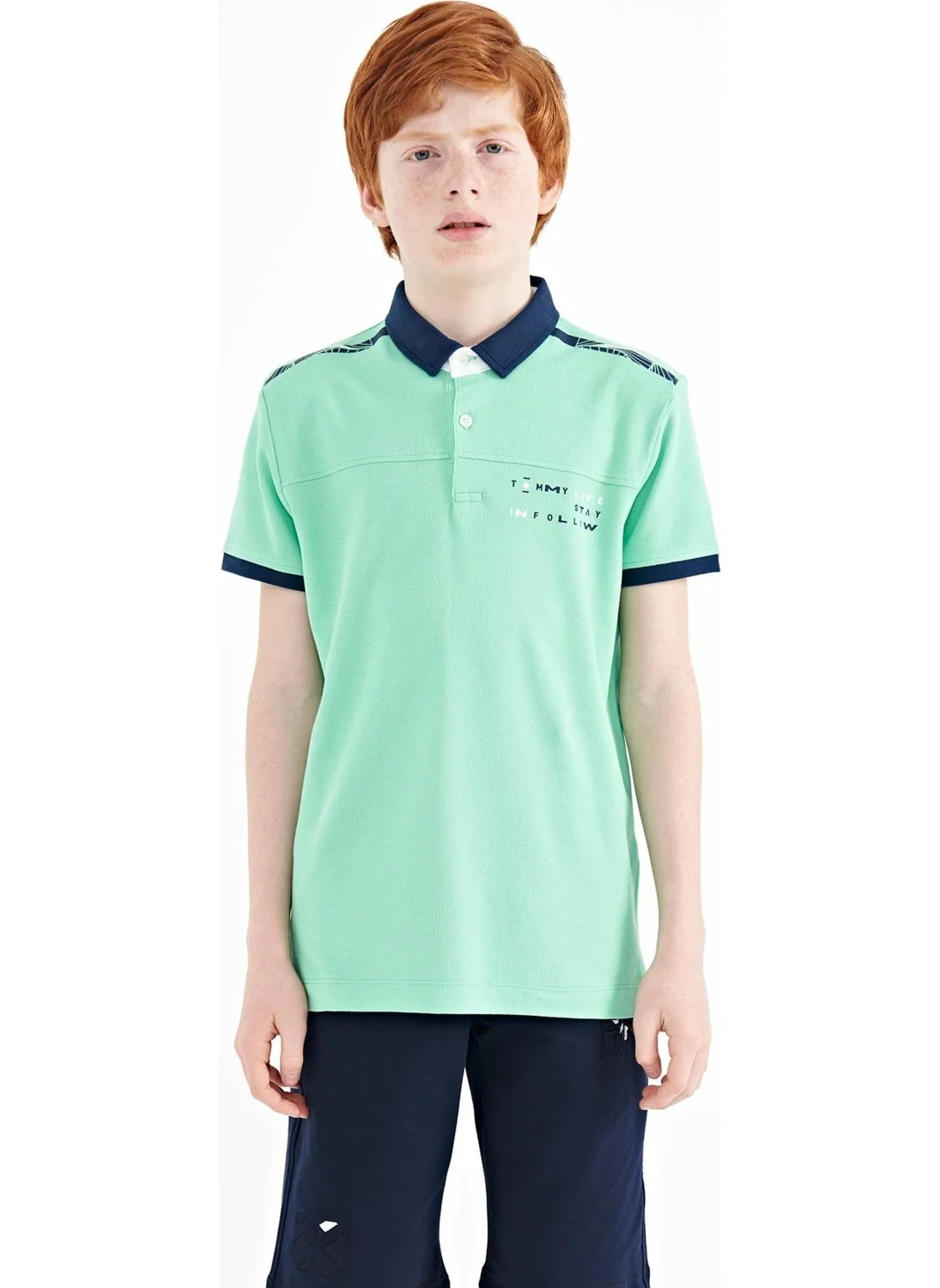 تومي لايف Water Green Print Detailed Standard Size Polo Collar Boy T-Shirt - 11140