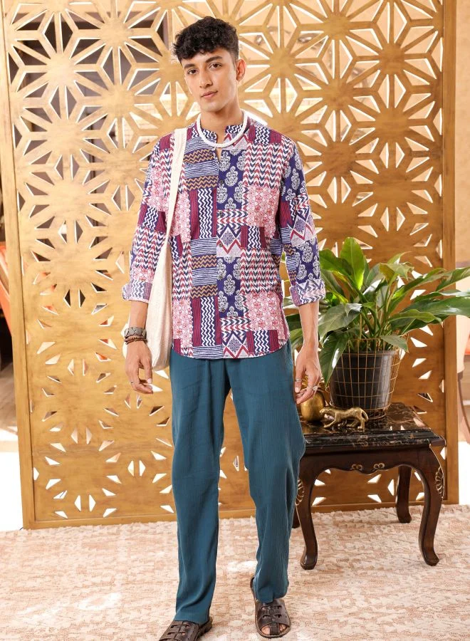 شركة المرآب الهندية Men Slim Fit Geometric Printed Full Sleeves Mandarin Collar Resort Wear Shirt