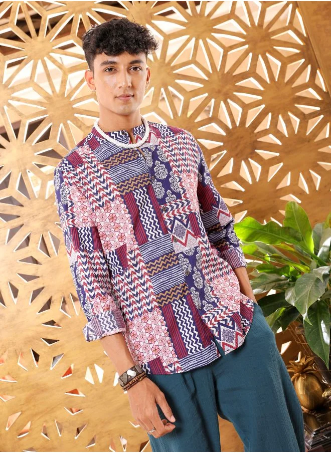 The Indian Garage Co Men Slim Fit Geometric Printed Full Sleeves Mandarin Collar Resort Wear Shirt