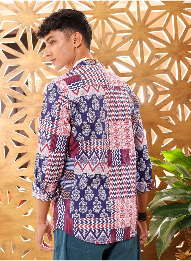 The Indian Garage Co Men Slim Fit Geometric Printed Full Sleeves Mandarin Collar Resort Wear Shirt