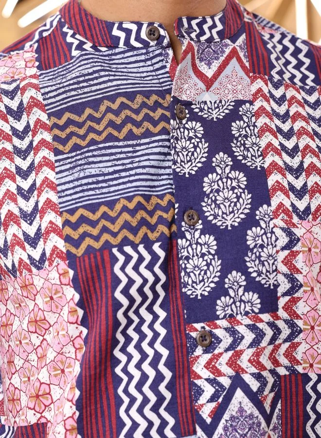 شركة المرآب الهندية Men Slim Fit Geometric Printed Full Sleeves Mandarin Collar Resort Wear Shirt